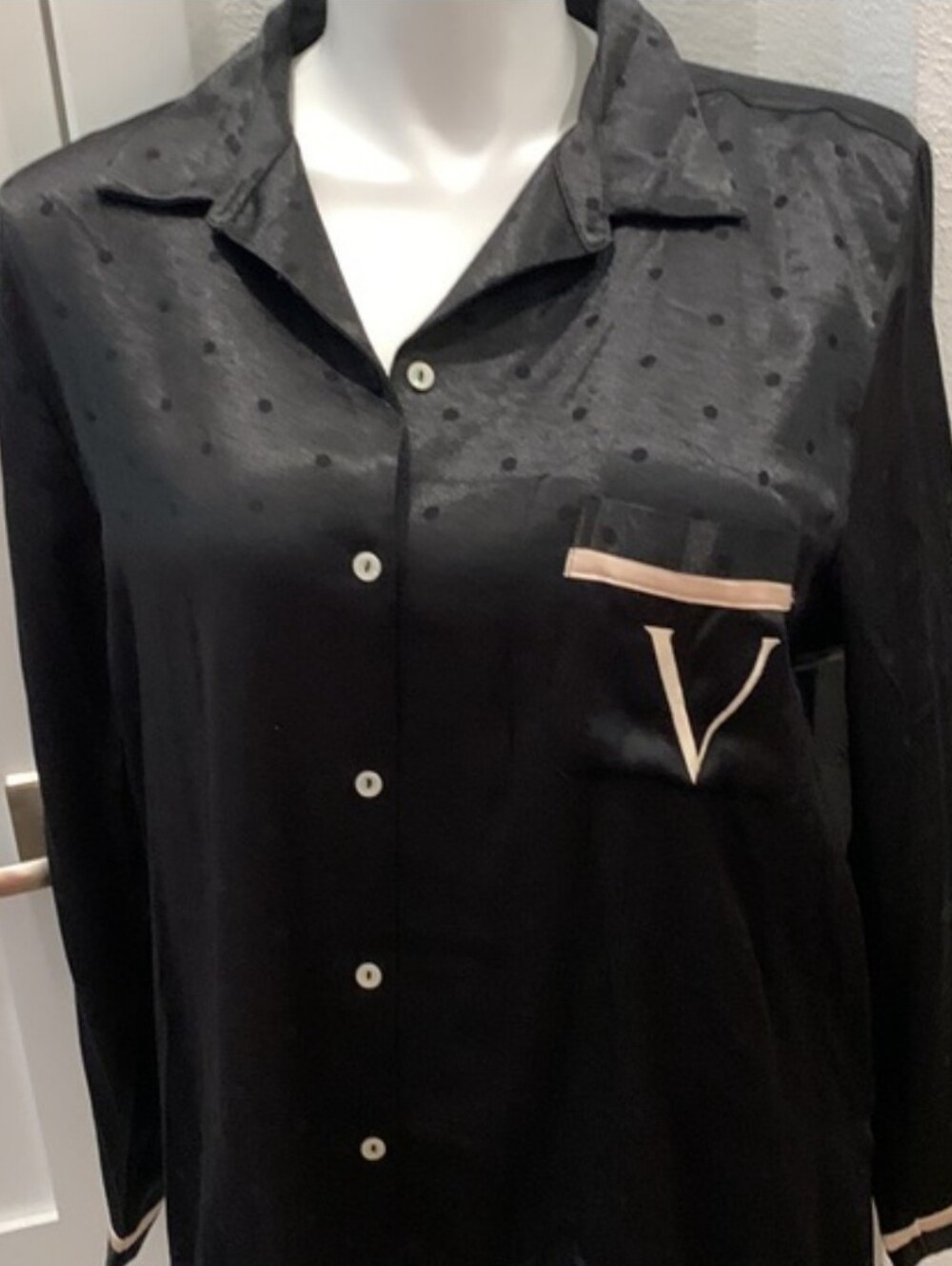 Victoria's Secret Black Satin Pajama Top with Cream Piping - Picture 3 of 13